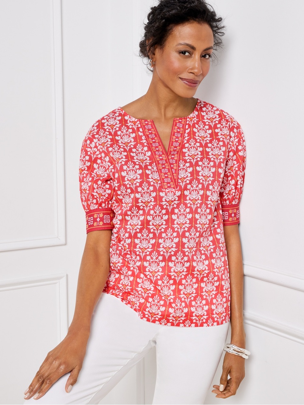 Talbots Damask Bouquet Popover Coral and White Floral Split-Neck Tunic Top large